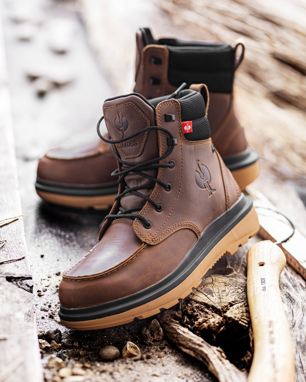 STRAUSS Ridgewood 6-inch Soft Toe Boot in Desert brown shown in use on the job