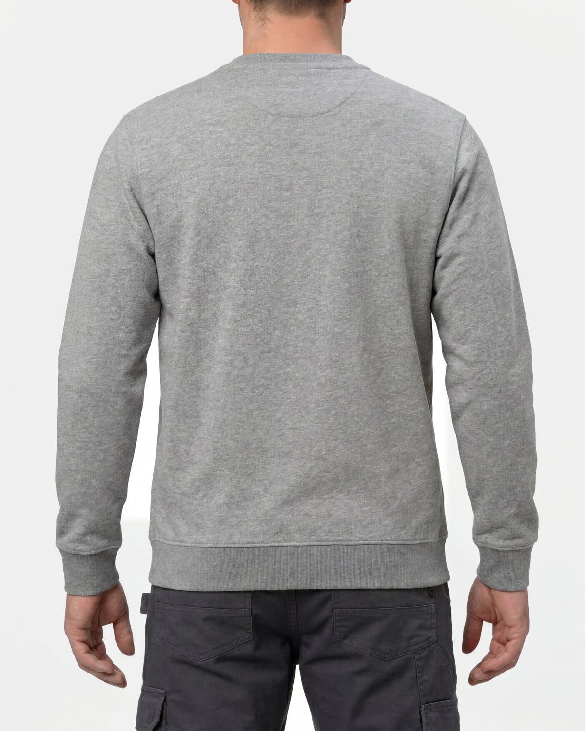 STRAUSS cotton-poly crew neck sweatshirt in gray melange, worn by model, back view
