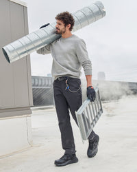 STRAUSS cotton-poly crew neck sweatshirt in gray melange, worn in casual workwear setting