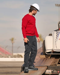 STRAUSS cotton-poly crew neck sweatshirt in fire red, worn in workwear outfit