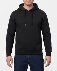 STRAUSS cotton-poly hoodie in black, worn by model, front view
