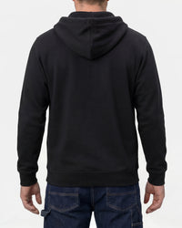 STRAUSS cotton-poly hoodie in black, worn by model, back view