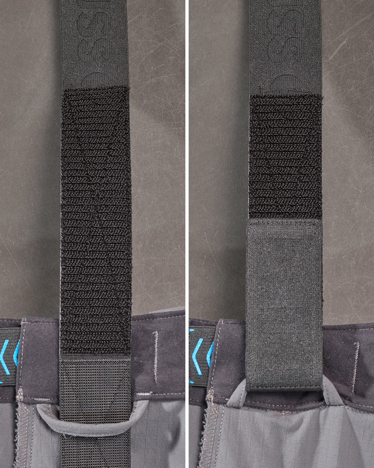 Close-up of the black STRAUSS e.s.taktik Y-back suspenders hardware attached to utility pants.