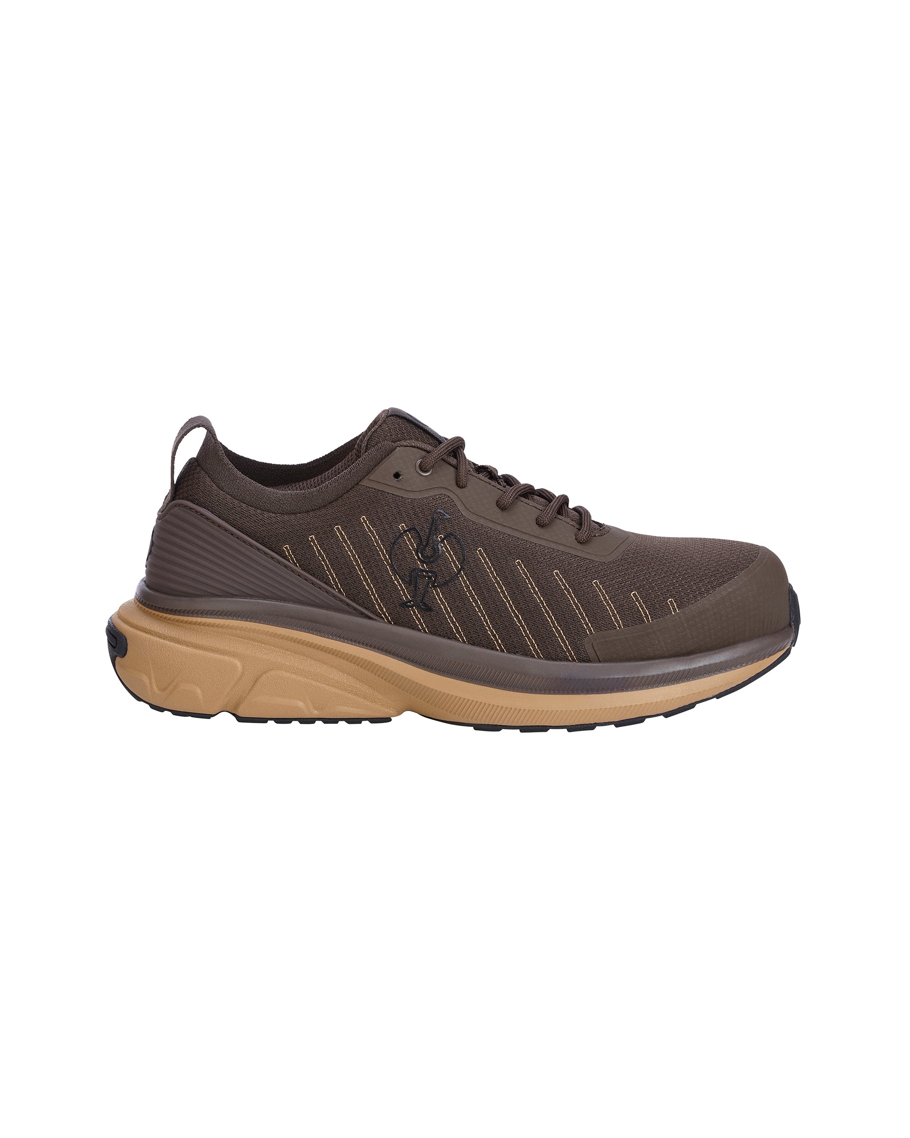 A brown Hoka running shoe with a thick tan midsole, shown in a side profile view against a plain white background.