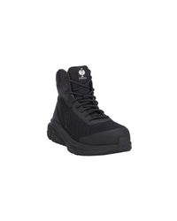 A single black tactical combat boot shown from a three-quarters angle against a plain white background. The boot features a black mesh and synthetic upper, black laces, a padded collar, and a rugged black sole.