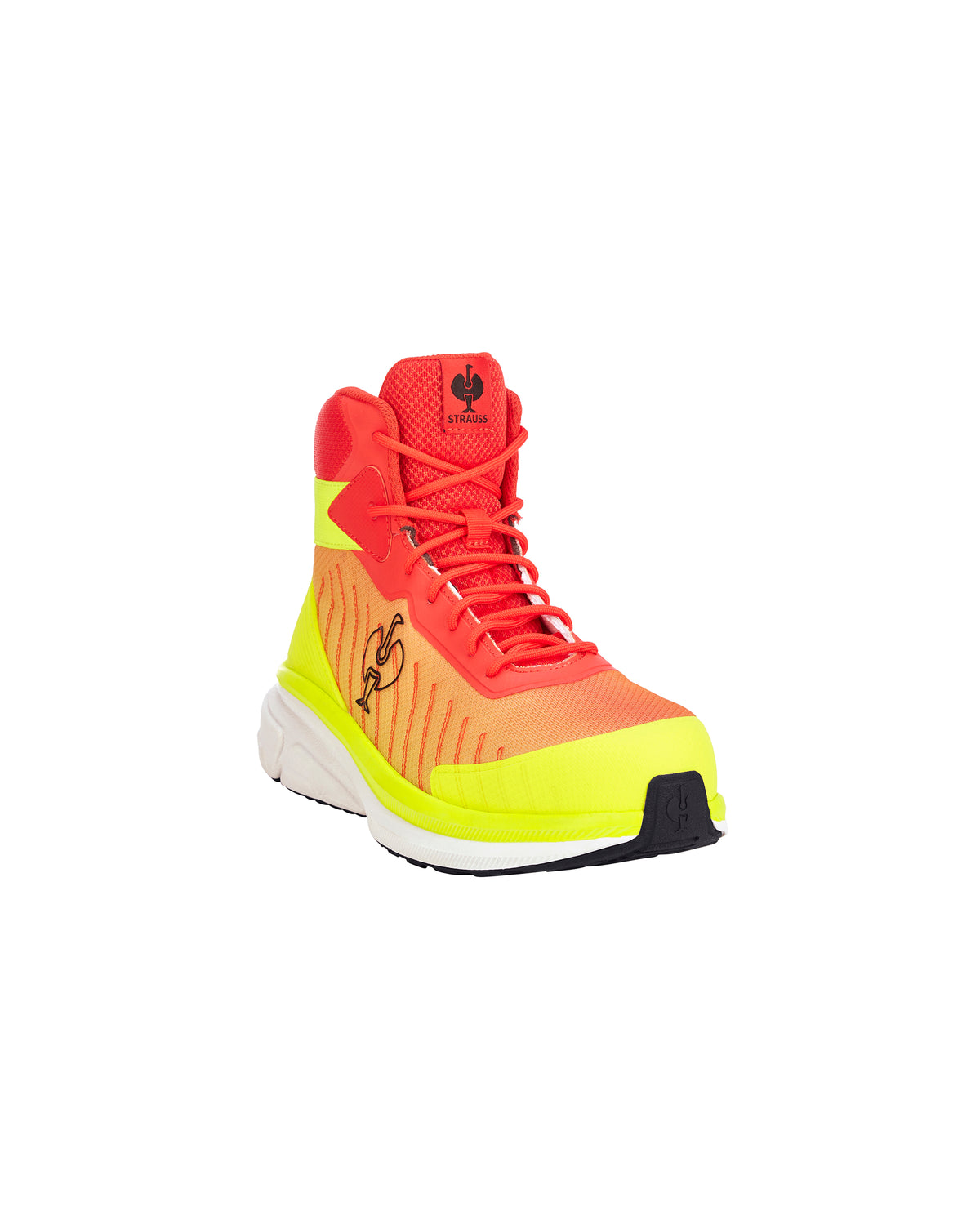 A high-top athletic sneaker in a vibrant gradient of neon yellow, orange, and red, featuring a white midsole and a black outsole, shown against a plain white background.