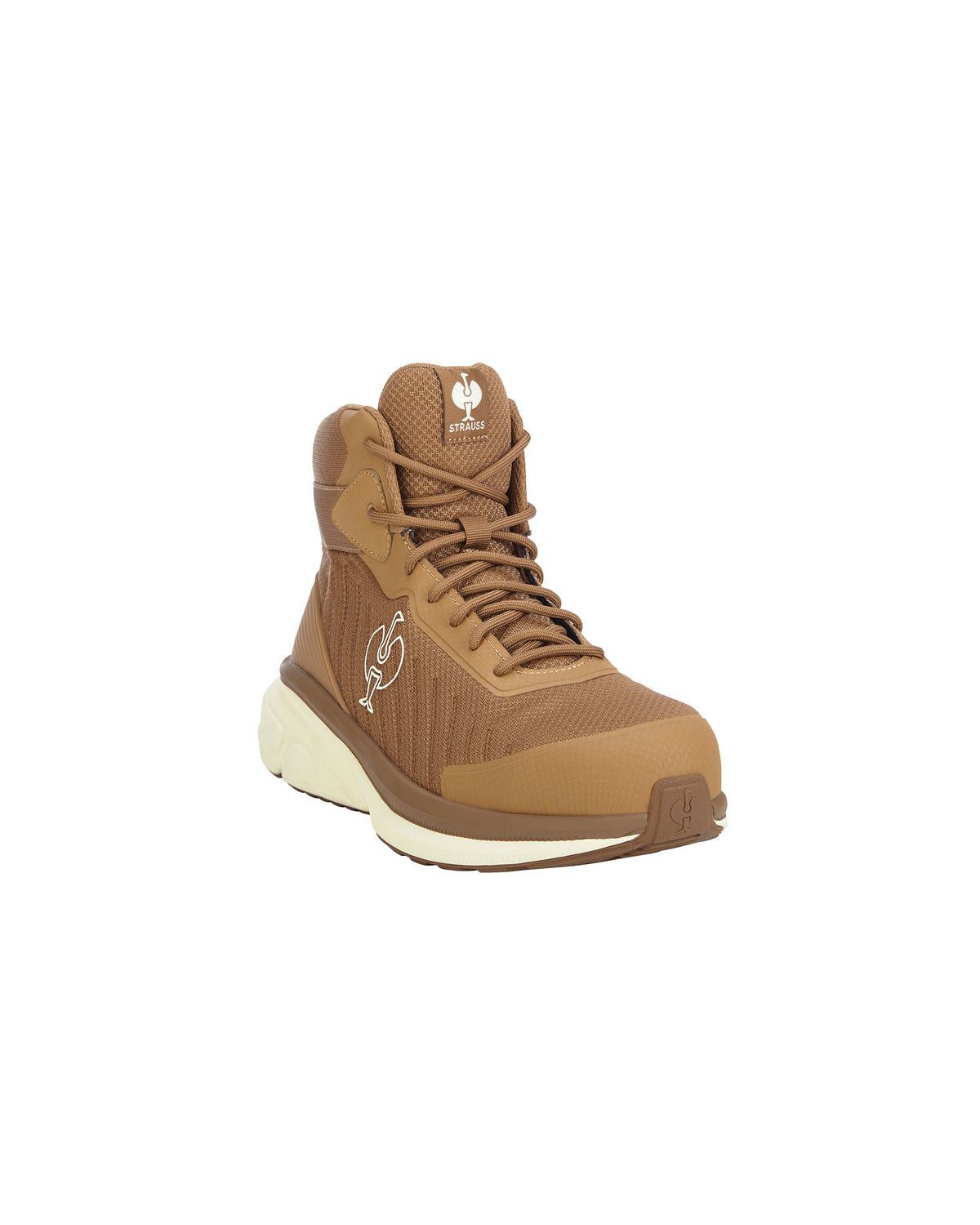 A mid-top lace-up boot in a warm tan and brown colorway, featuring a textured mesh and synthetic upper, a white midsole, and a small white logo on the side.