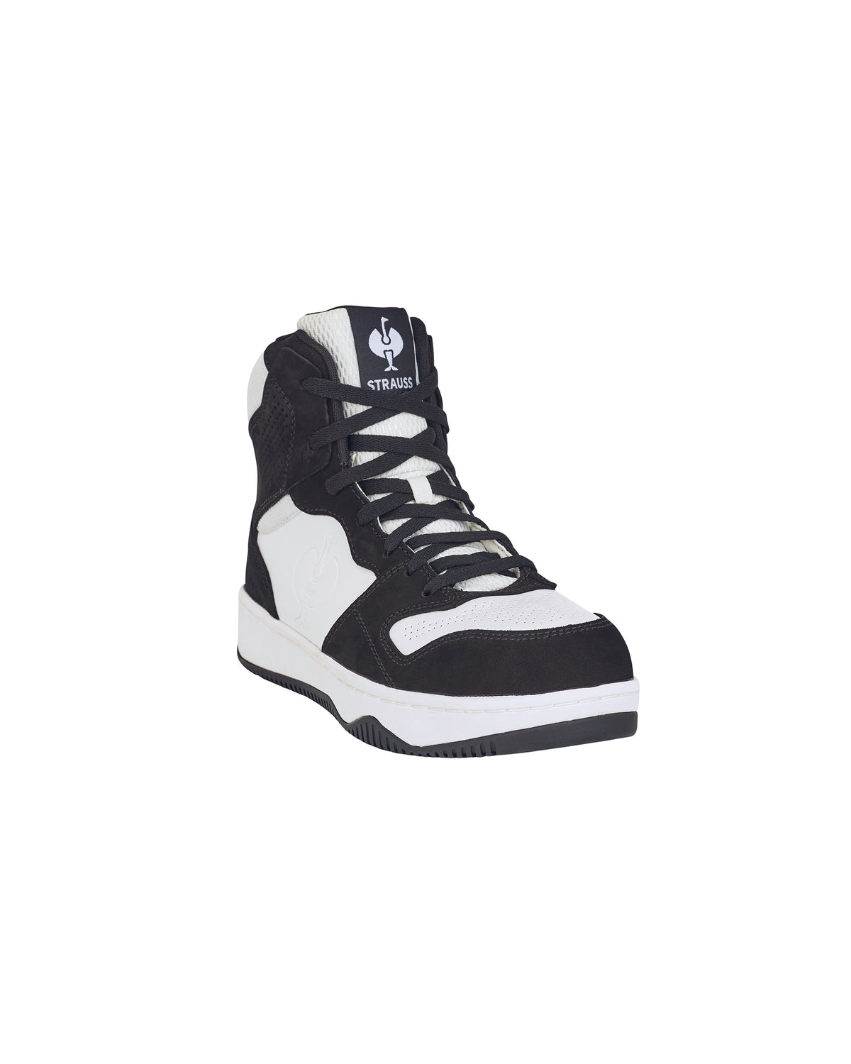 STRAUSS Eindhoven 6-inch Steel Toe Work Boot in Black and White, front three-quarter view