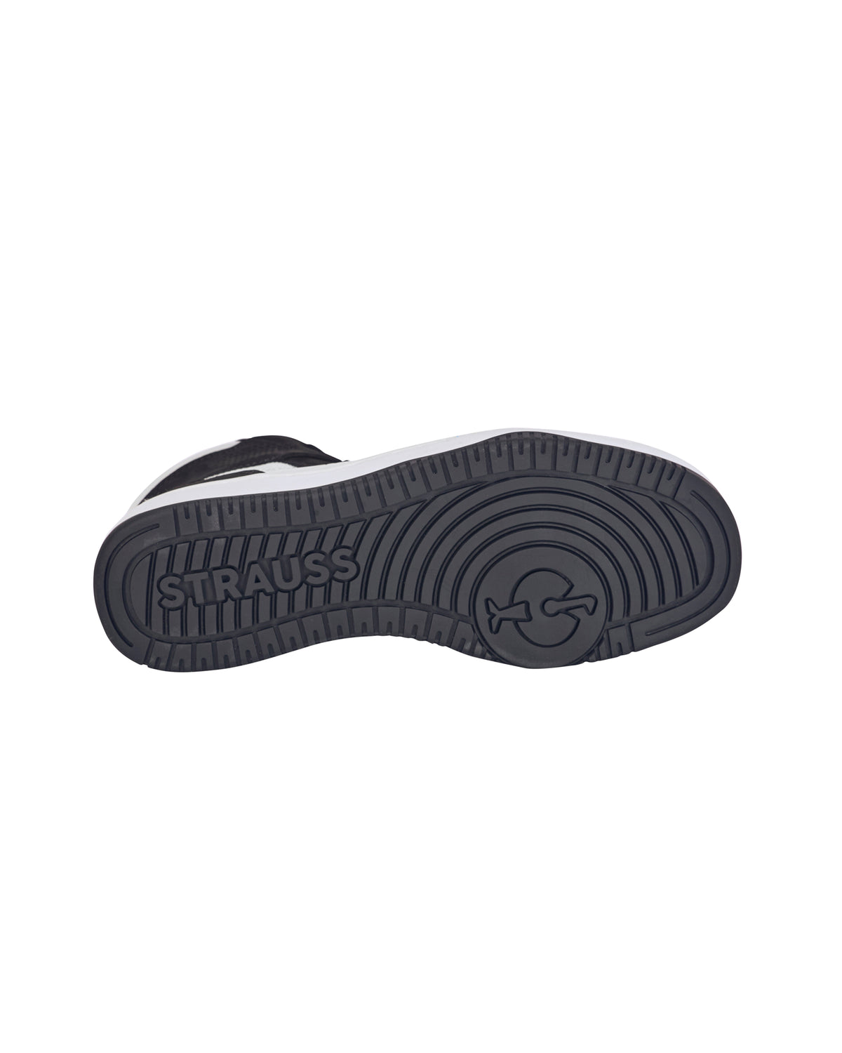 Outsole tread view of the STRAUSS Eindhoven 6-inch Steel Toe Work Boot in Black and White