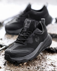 STRAUSS Harlem Composite Toe Work Shoe in Black with workwear in a jobsite scene