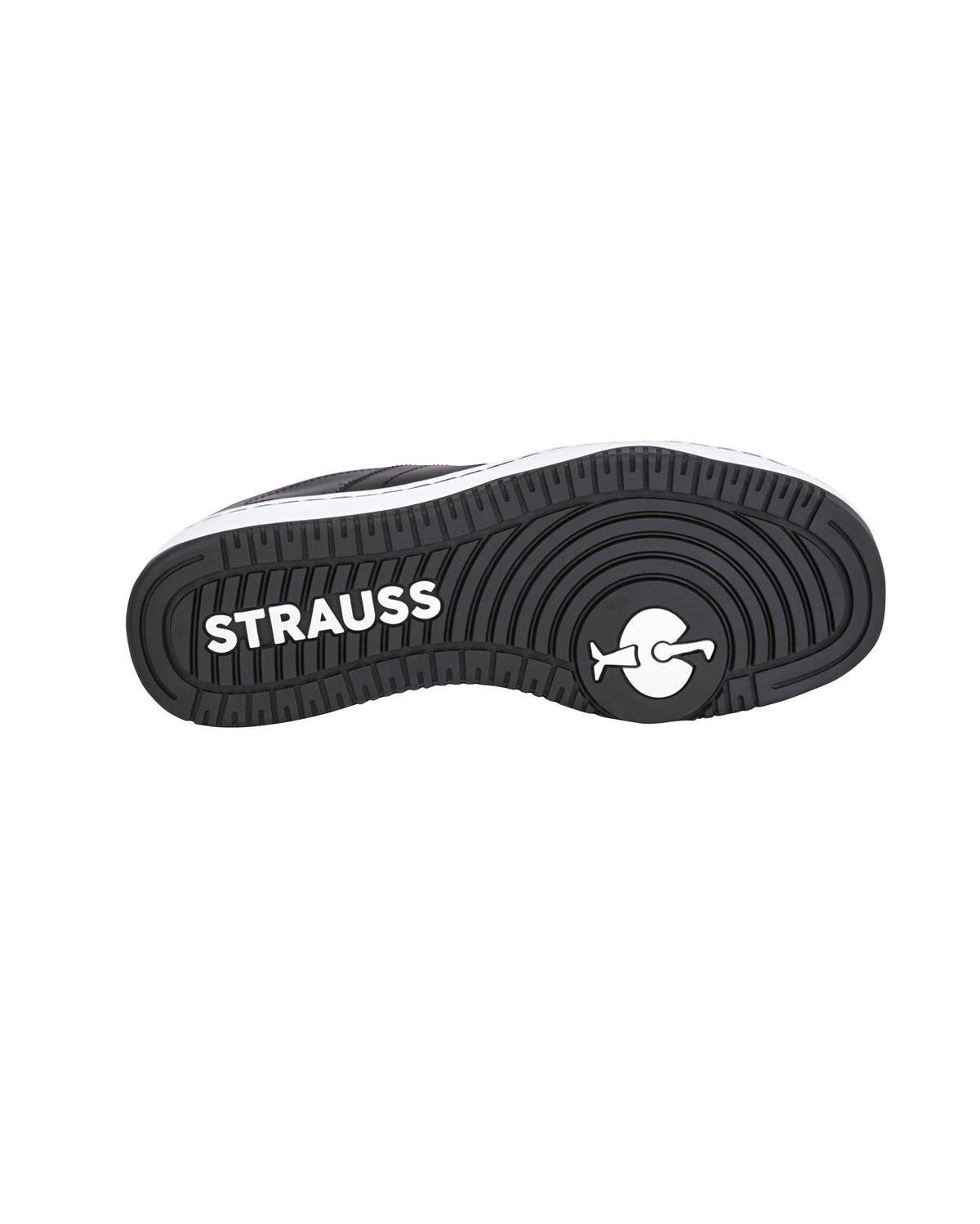Outsole tread view of the STRAUSS Philly Steel Toe Work Shoe in Black and White