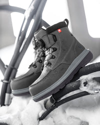 STRAUSS Woodside 6-inch Steel Toe Work Boot in Carbon gray with workwear in a jobsite scene