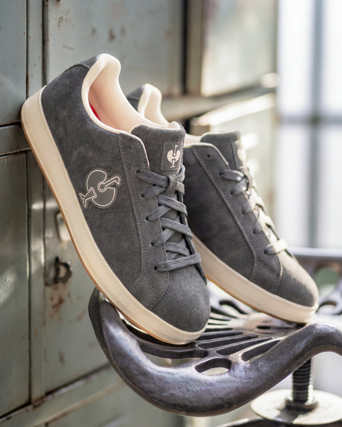 STRAUSS Tampa Steel Toe Work Shoe in Carbon gray with workwear in a jobsite scene