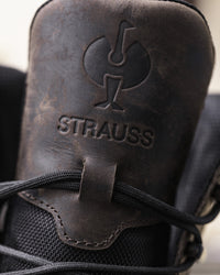 STRAUSS Edmonton 8-inch Steel Toe Work Boot in Brown with workwear in a jobsite scene