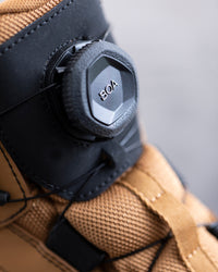 Close-up of the Almond brown and Black Murcia 6-inch Steel Toe Work Boot upper
