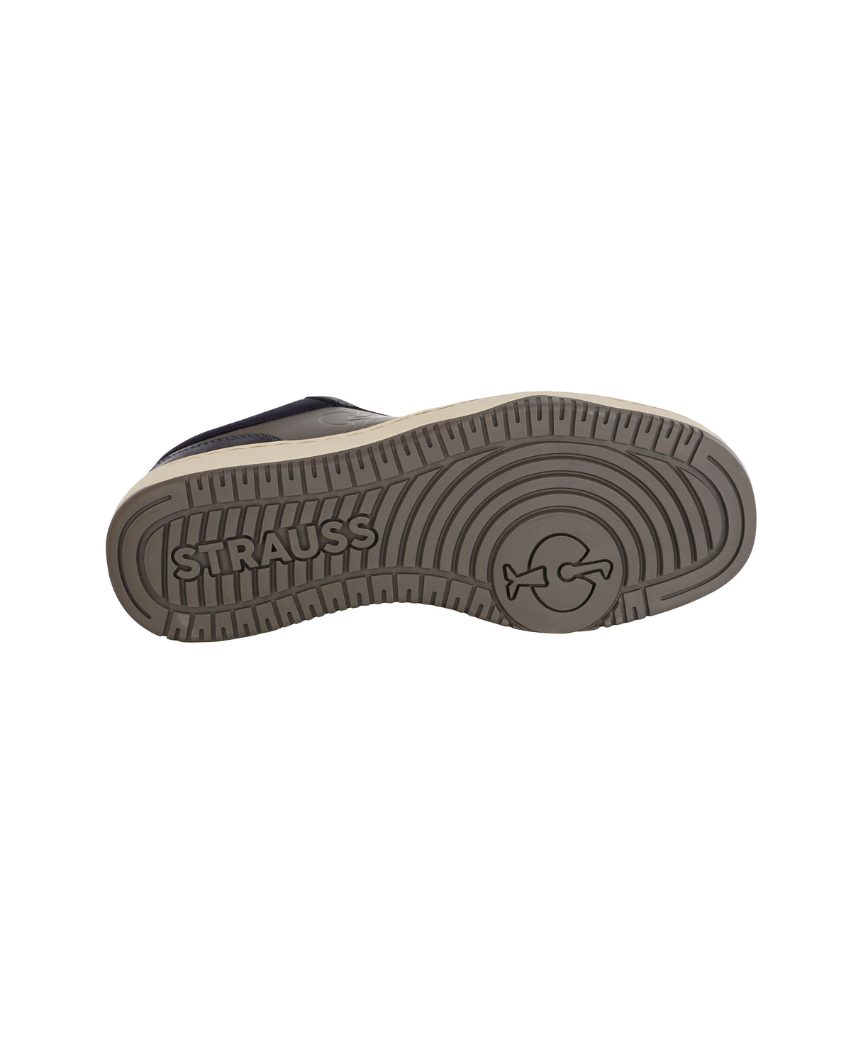 Outsole tread view of the STRAUSS Eindhoven Steel Toe Work Shoe in Nero blue and Stone gray