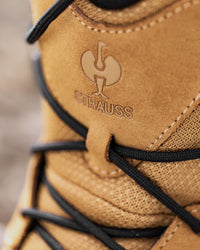 Close-up of the Almond brown Turin 6-inch Aluminum Toe Work Boot upper and laces