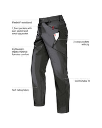 Feature view of Utility Cargo Work Pants in black, showing cargo pocket details