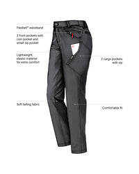 Feature view of Women's Utility Cargo Work Pants in black, showing cargo pocket details