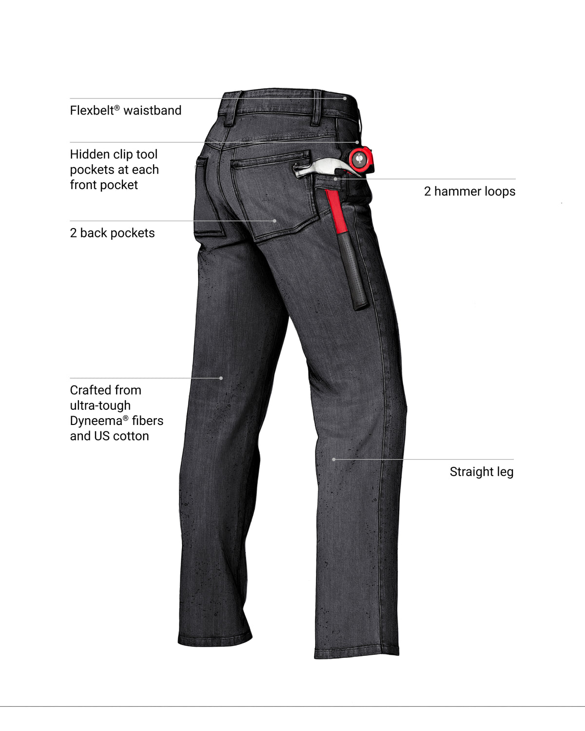 Feature view of Power Denim 5-Pocket Jeans in blackwashed, showing denim and pocket details