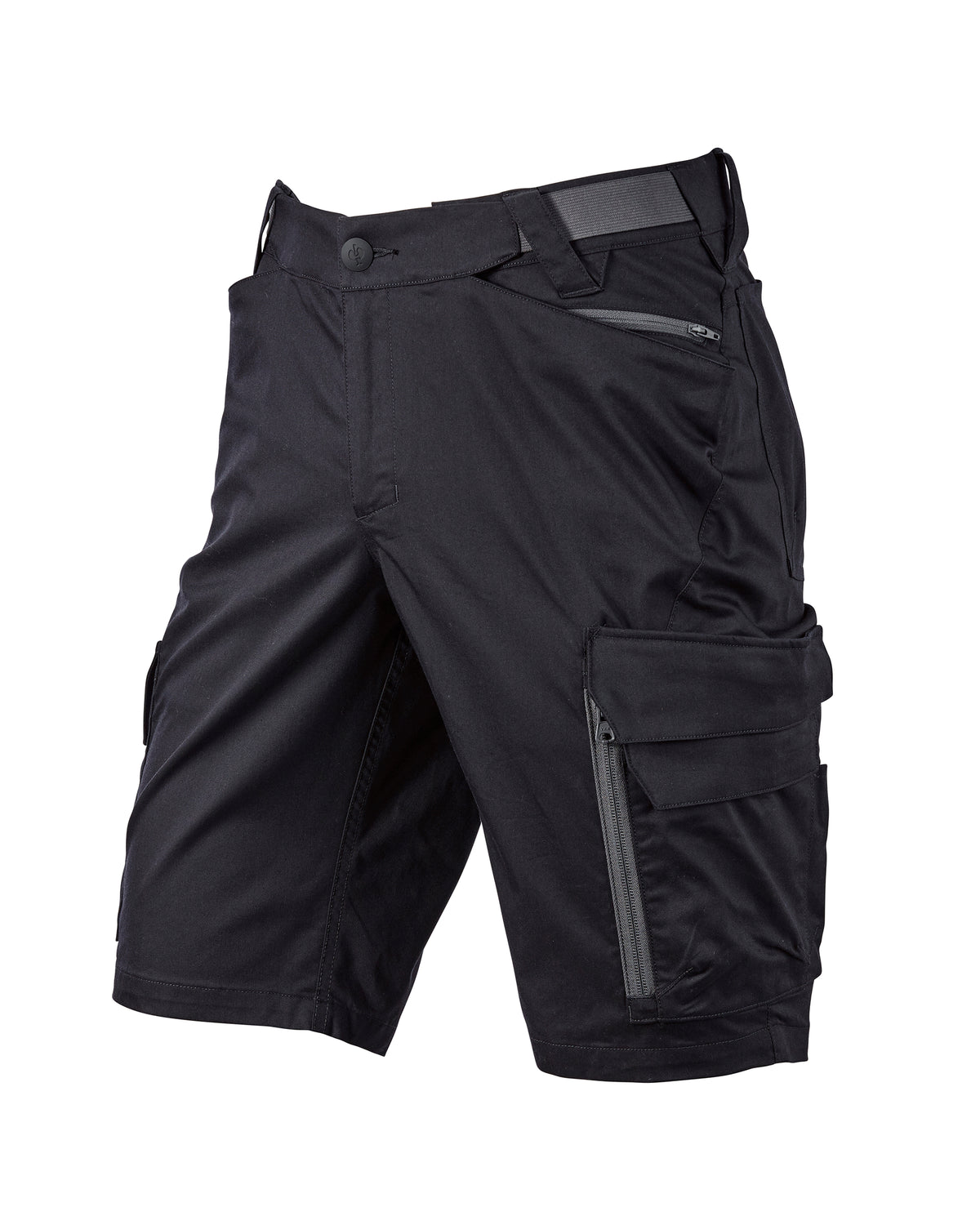 Engelbert Strauss e.s. trail pure cargo work shorts in black and carbon gray, shown as a clean front product image highlighting the above-knee workwear cut, waistband, and functional pocket placement.