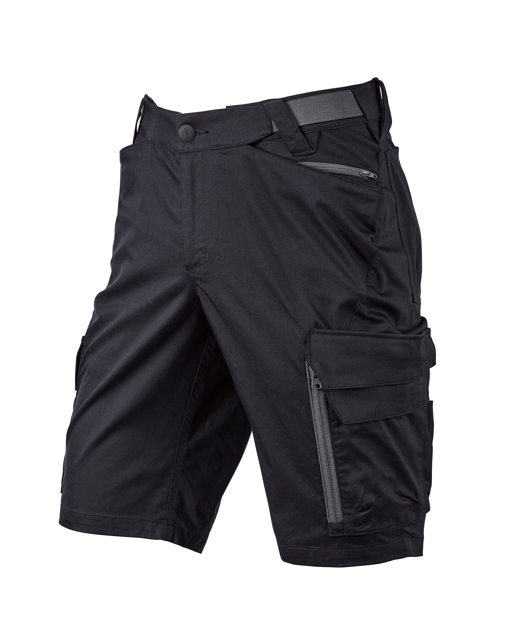 Engelbert Strauss e.s. trail pure cargo work shorts in black and carbon gray, shown as a clean front product image highlighting the above-knee workwear cut, waistband, and functional pocket placement.