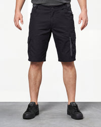 Model wearing Engelbert Strauss e.s. trail pure cargo work shorts in black and carbon gray, showing the fit, length, waistband, and front pocket layout of the two-tone cargo work shorts with reinforced utility styling.