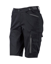 Engelbert Strauss women's e.s. trail pure cargo work shorts in black and carbon gray, shown as a clean front product image highlighting the above-knee workwear cut, waistband, and functional pocket placement.