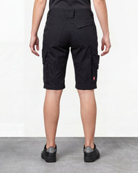 Alternate model view of Engelbert Strauss women's e.s. trail pure cargo work shorts in black and carbon gray, showing the side and back fit with visible utility pocket placement and workwear construction.