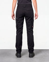 Women's Cargo Work Pants e.s.trail pure in black/carbon gray worn by a model, rear view