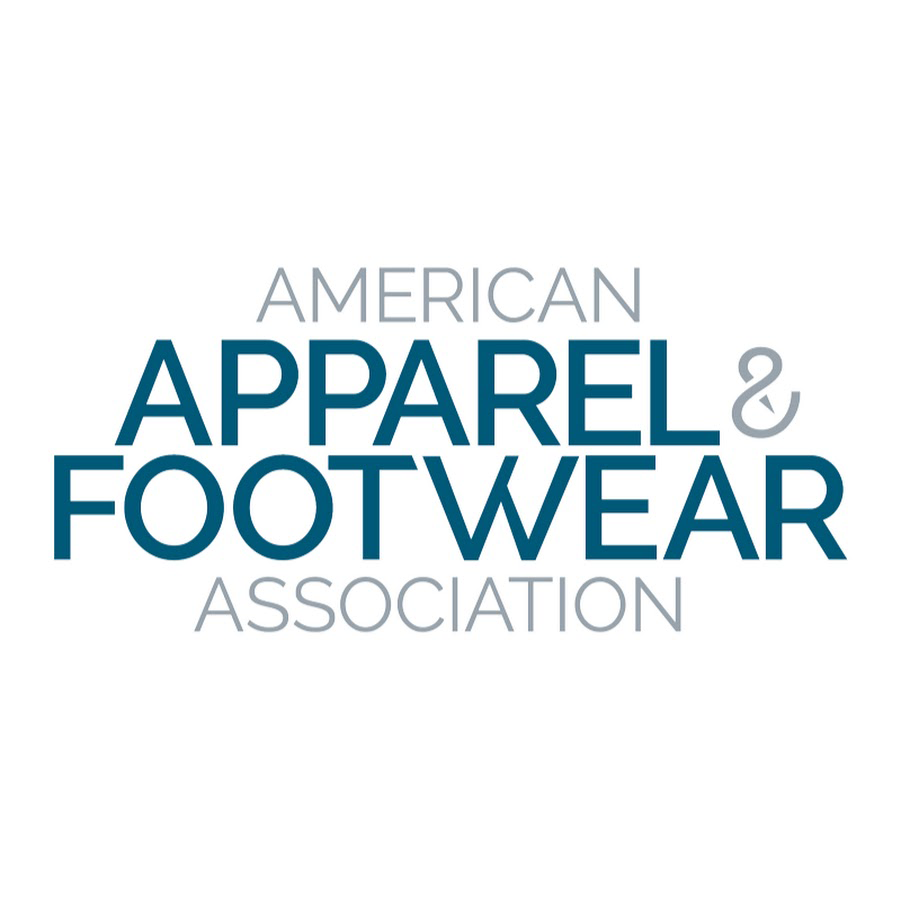 Logo for the American Apparel & Footwear Association, with the organizations name in gray and blue capital letters on a white background.