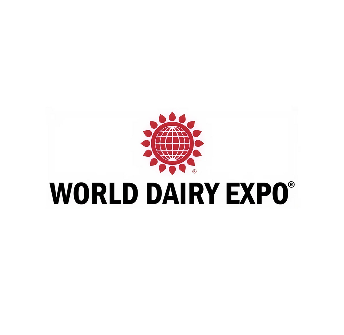 World Dairy Expo logo featuring a red globe encircled by red leaf shapes above bold black text that reads WORLD DAIRY EXPO on a white background.