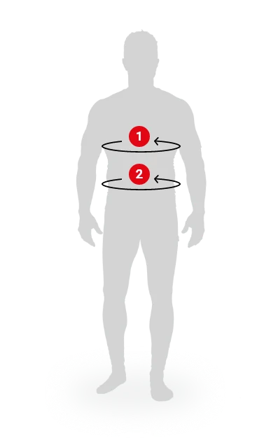 A gray man silhouette on a white background with two black circular arrows labeled 1 and 2 across the torso, indicating a movement or placement instruction.