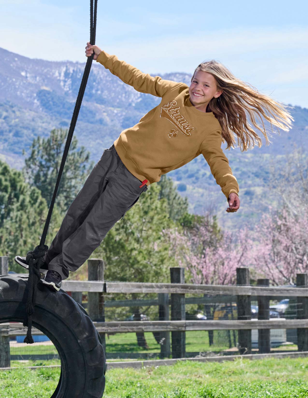 Child playing on a tire swing with mountains in the background