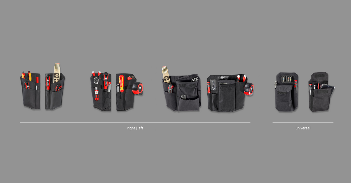 Five black tool pouches with various tools inside are displayed against a gray background. The first four are labeled right | left and the last two are labeled universal..
