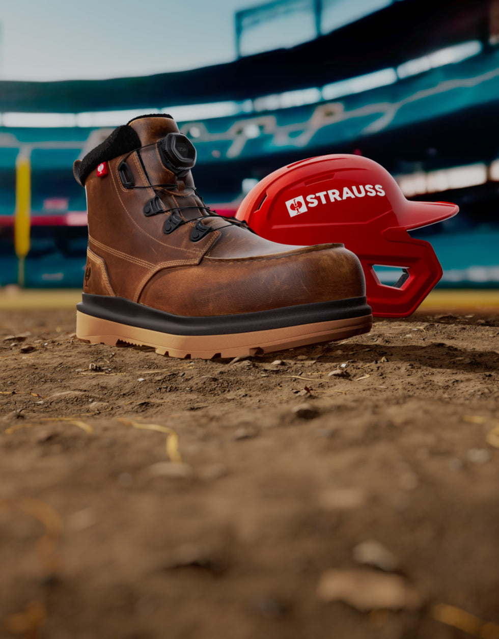 Brown work boot and red hard hat with 'Strauss' logo on a dirt surface.