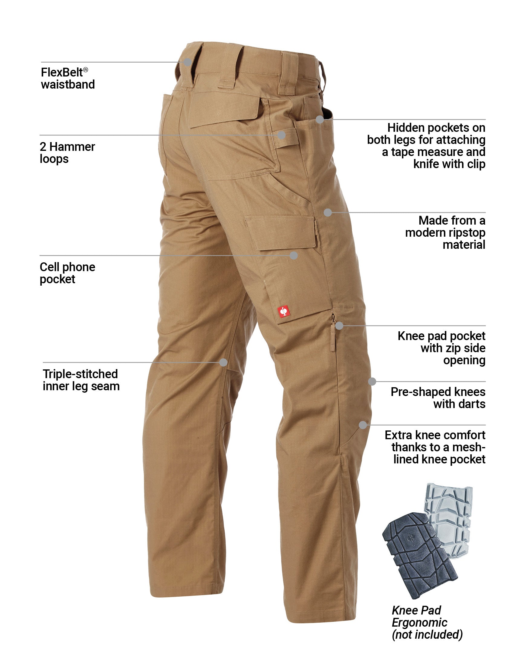 Brown work pants with features highlighted on a white background