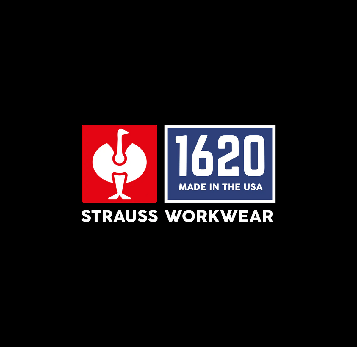 Two logos: a white bird in a red square, and 1620 Made in the USA in a blue rectangle. Below both logos, white text reads STRAUSS WORKWEAR on a black background.