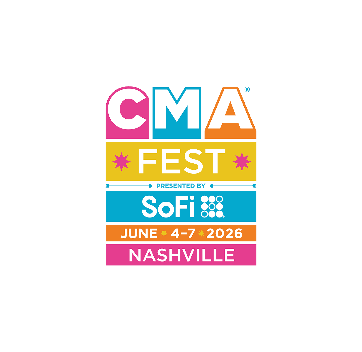 CMA Fest logo in bright colors. Text: CMA Fest presented by SoFi, June 4-7 2026, Nashville..