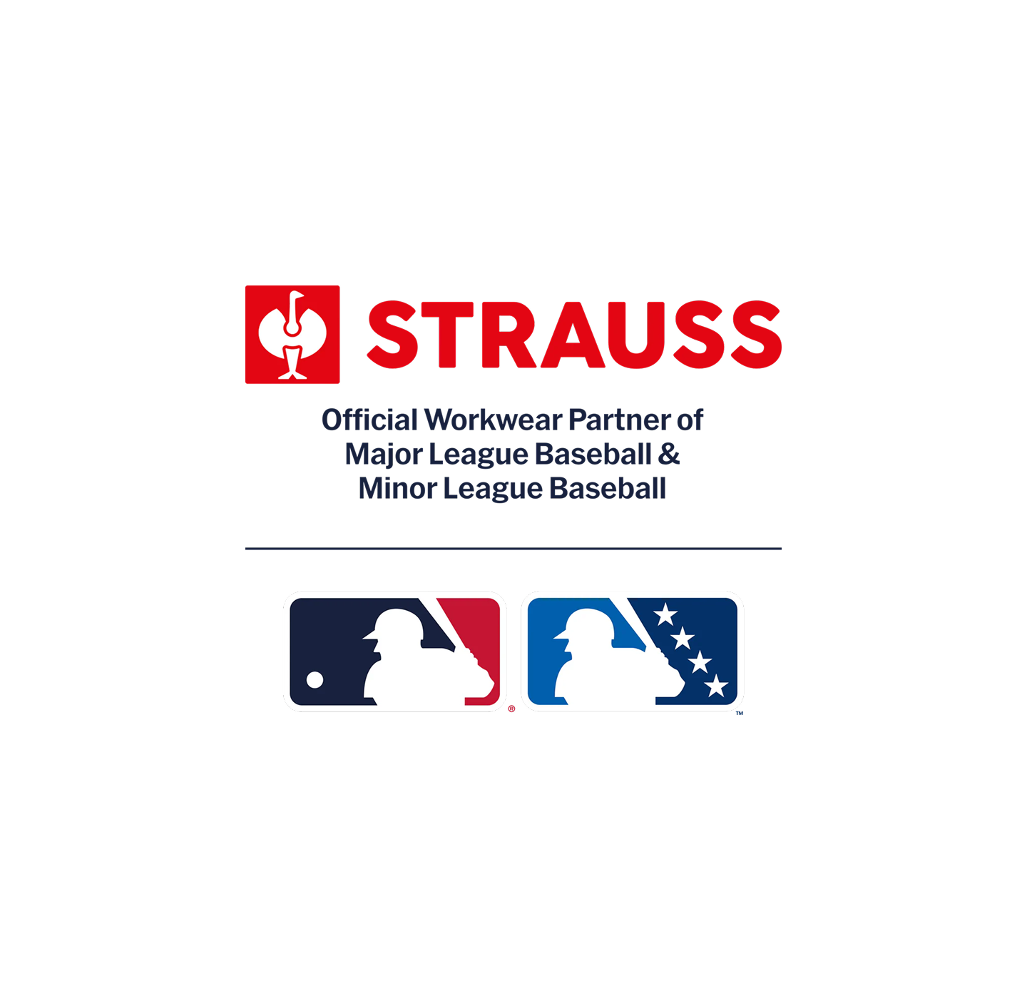 Strauss logo above text stating official workwear partner of Major League Baseball and Minor League Baseball, with MLB and MiLB logos below separated by a vertical line.