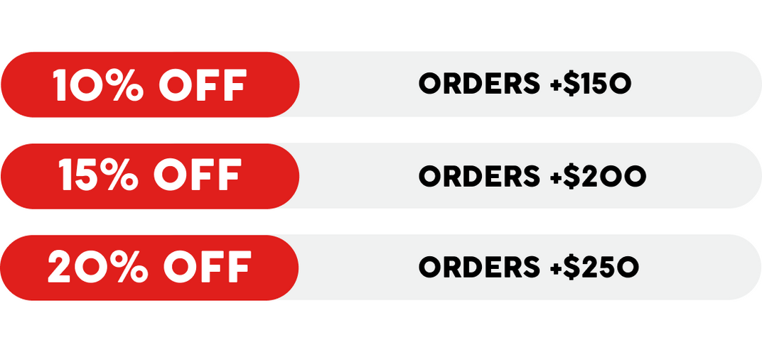Tiered discount graphic: 10% of $150+, 15% off $200+, 20% off $250+ orders