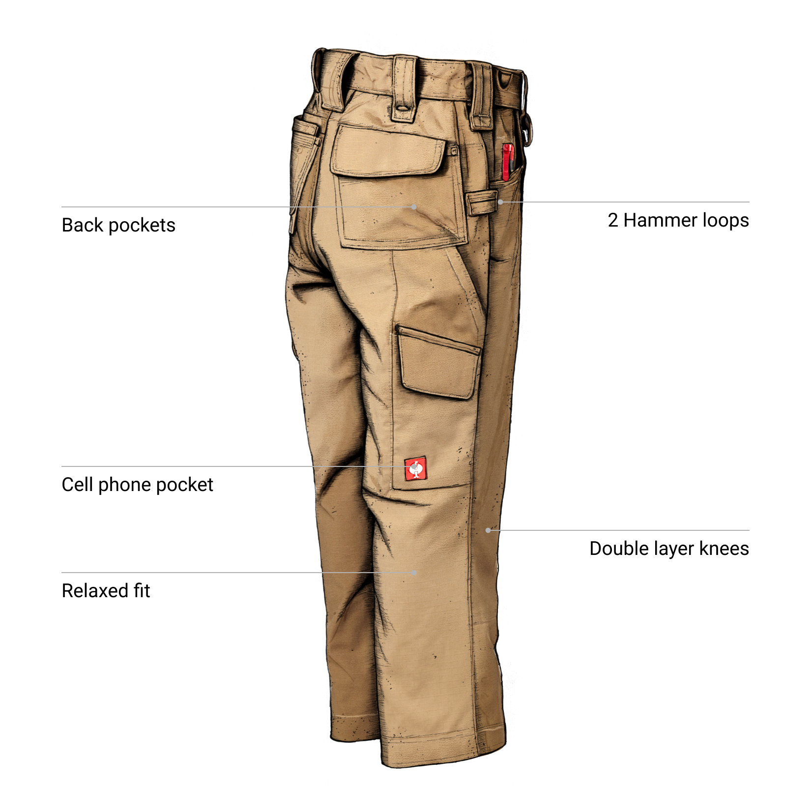 Kids Double Front Ripstop Cargo Pants with arrows pointing to features.