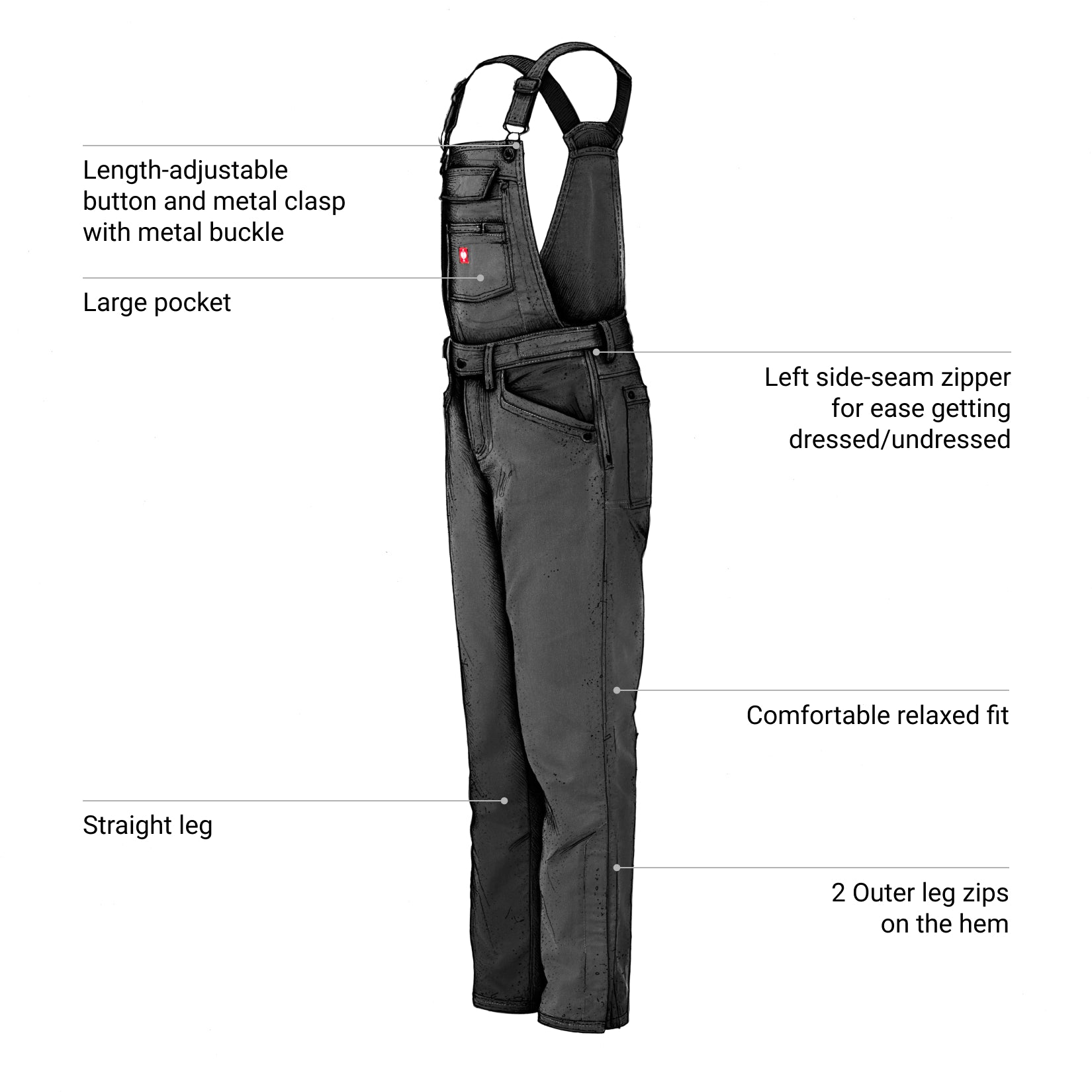 Black bib overalls with labeled features on a white background