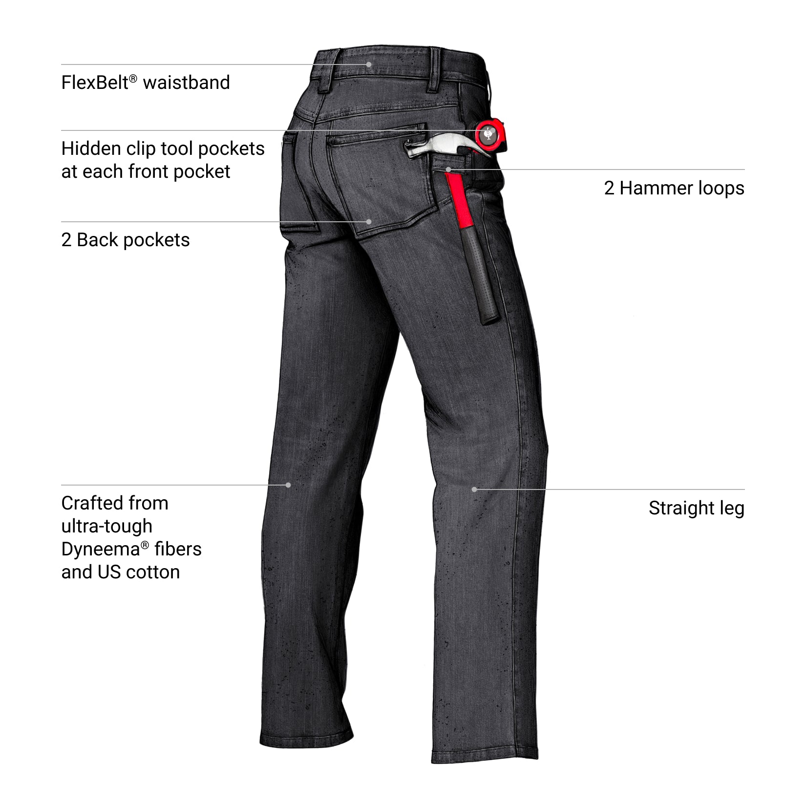 Black work pants with features highlighted on a white background