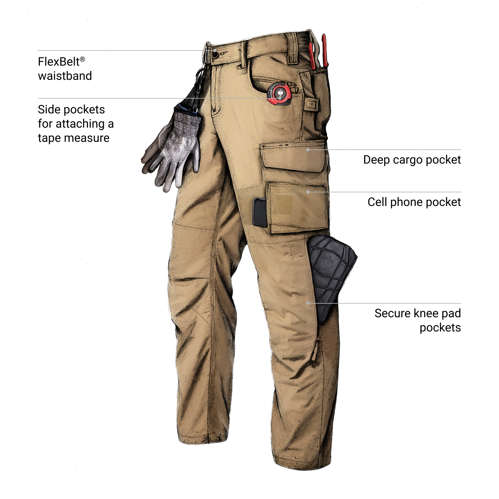 Ripstop Cargo Work Pants almondbrown, featuring callouts for the FlexBelt® waistband, side pockets with attached gloves, a deep cargo pocket, a cell phone pocket, and secure knee pad pockets.