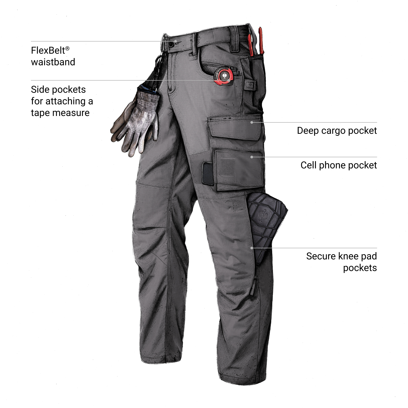 Ripstop Cargo Work Pants carbongray, featuring callouts for the FlexBelt® waistband, side pockets with attached gloves, a deep cargo pocket, a cell phone pocket, and secure knee pad pockets.