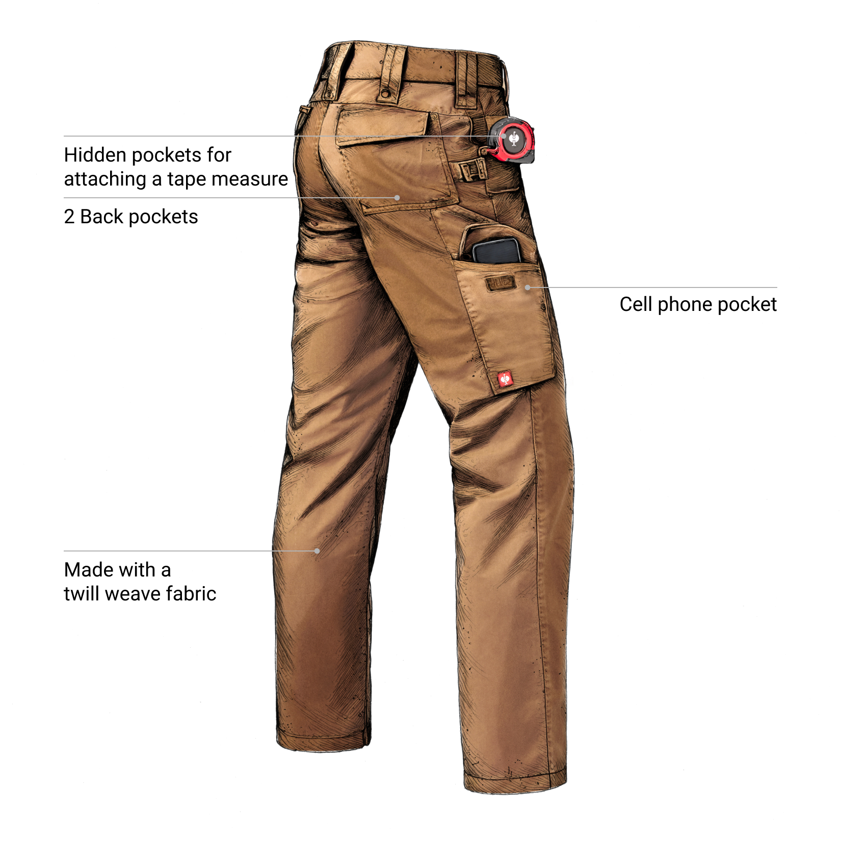 Almondbrown Twill cargo work pants with feature call outs.
