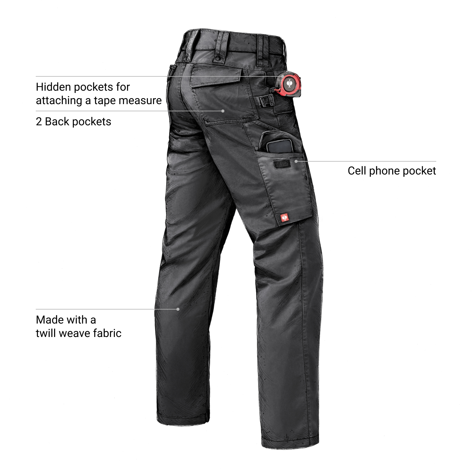 Black Twill cargo work pants with feature call outs.