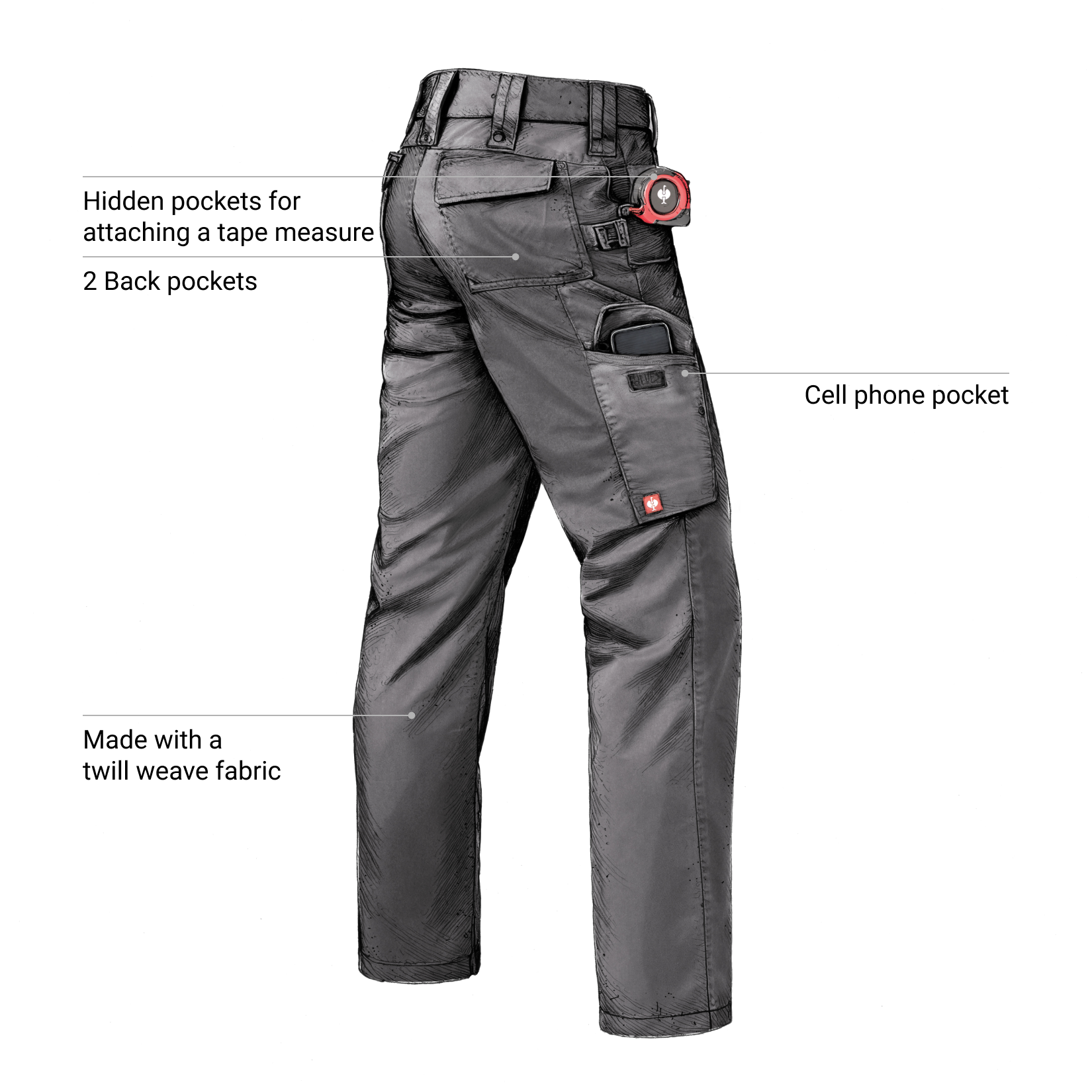 Carbongray Twill cargo work pants with feature call outs.