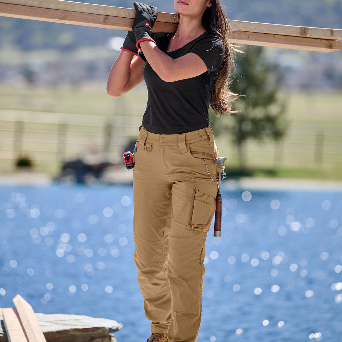 khaki dress pants for woman Flat Front Wide Leg Tall Women in Fawn 20 / Tall / Fawn elastic back STRAUSS | Women's Ripstop Cargo